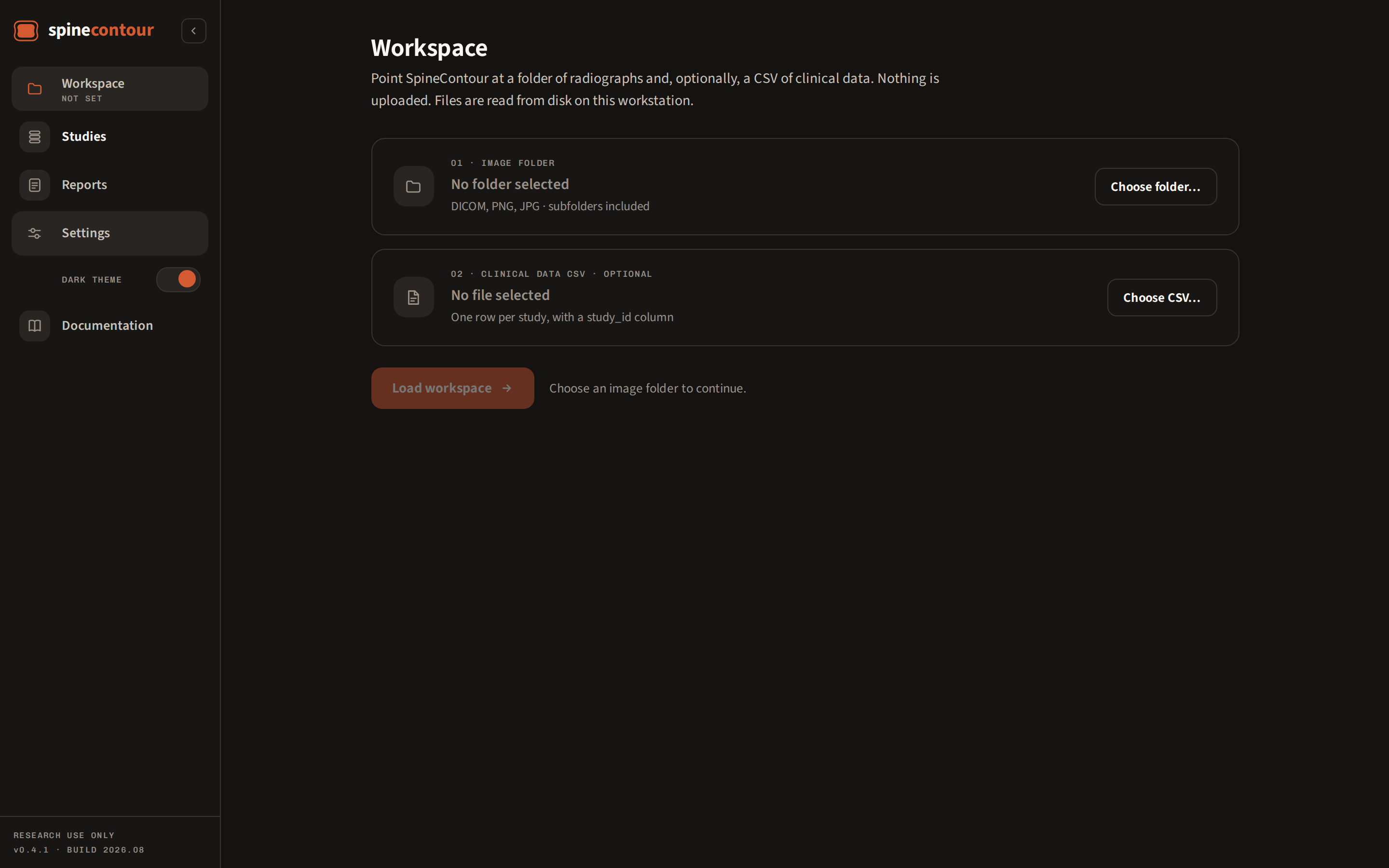 Workspace screen in dark mode: image folder and clinical data CSV import steps